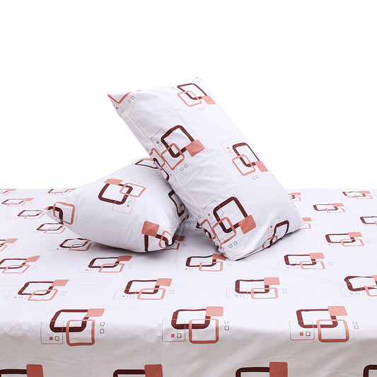 Brown & Beige Square Printed Double Bed Sheet with Pillow Covers (90x100") – Design E