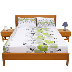 Green & White Floral Printed Double Bed Sheet with Pillow Covers (90x100") – Design E