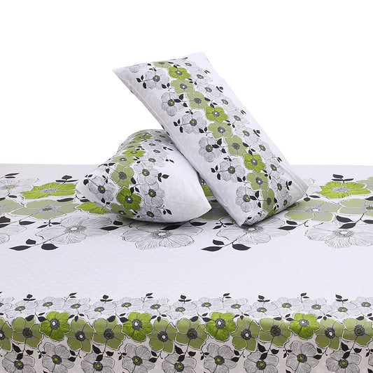 Green & White Floral Printed Double Bed Sheet with Pillow Covers (90x100") – Design E