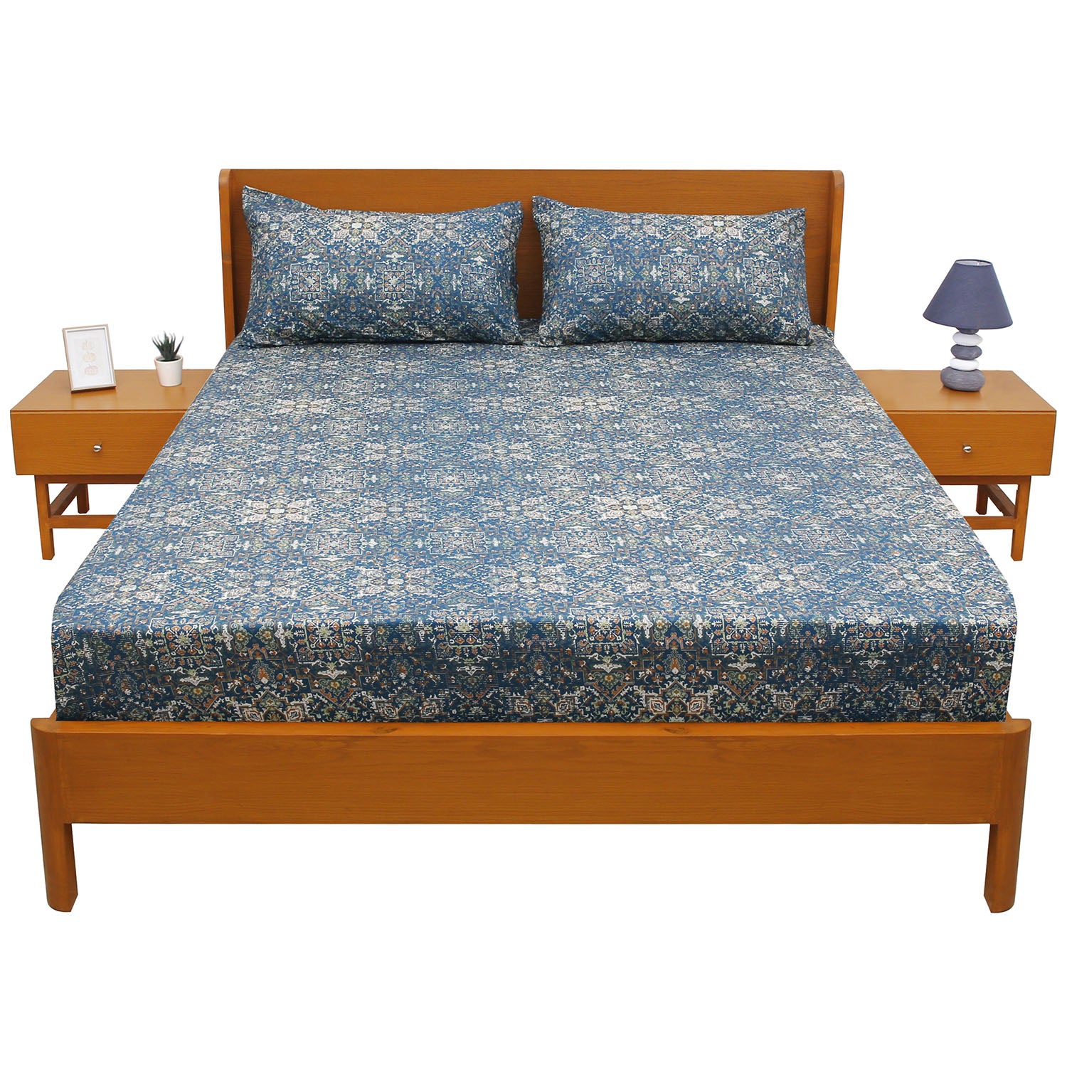 Azure Blue Double Bed Sheet – 96 x 102 Inches | Elegant Patterned Design, Soft Finish & Premium Comfort - Habitt