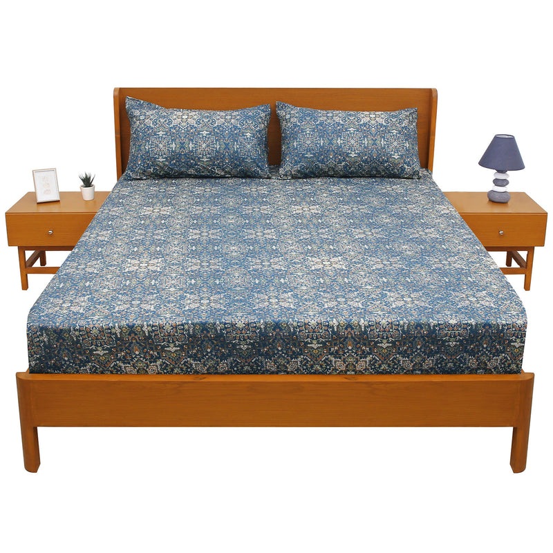 Azure Blue Double Bed Sheet – 96 x 102 Inches | Elegant Patterned Design, Soft Finish & Premium Comfort - Habitt