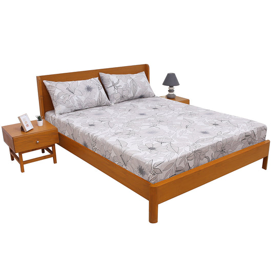 Bone White Double Bed Sheet (96x102) with 2 Pillow Covers – 100% Cotton Floral Line Art Design