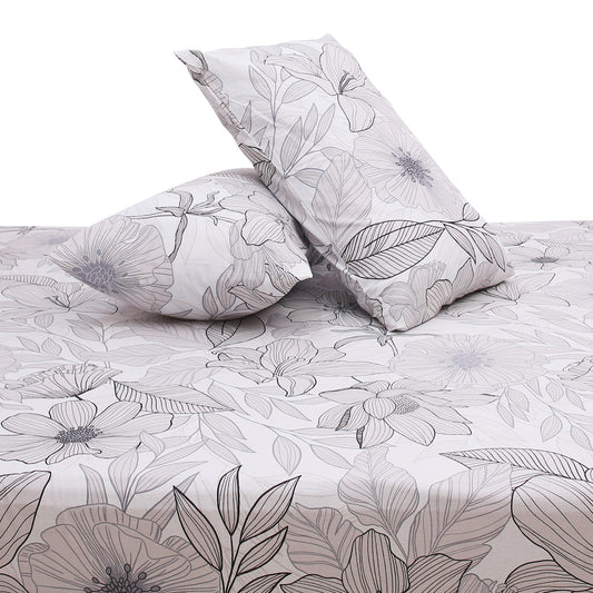 Bone White Double Bed Sheet (96x102) with 2 Pillow Covers – 100% Cotton Floral Line Art Design
