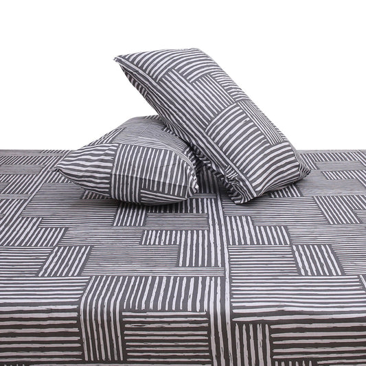 Dune Double Bed Sheet (96x102) with 2 Pillow Covers – 100% Cotton Modern Line Pattern in Grey & White