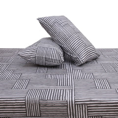 Dune Double Bed Sheet (96x102) with 2 Pillow Covers – 100% Cotton Modern Line Pattern in Grey & White