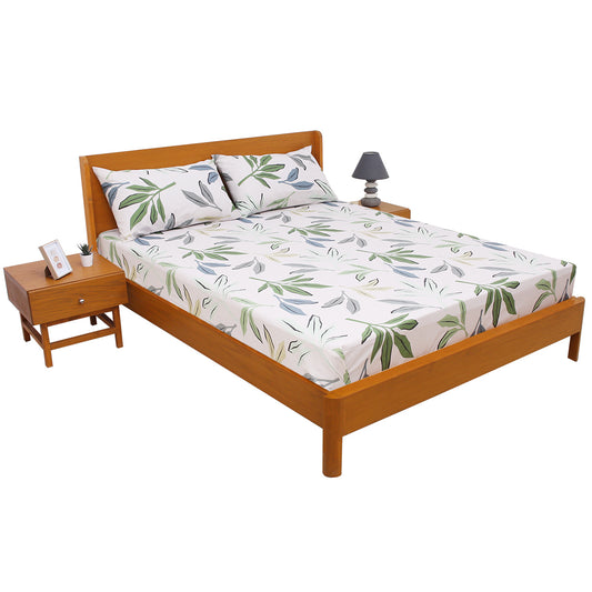 Leaf Patterns Double Bed Sheet (96x102) with 2 Pillow Covers – 100% Cotton Soft Floral Line Art Design
