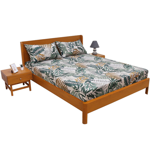 Leafy Texture Double Bed Sheet (96x102) with 2 Pillow Covers – 100% Cotton Botanical Print in Green & Mustard