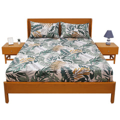 Leafy Texture Double Bed Sheet (96x102) with 2 Pillow Covers – 100% Cotton Botanical Print in Green & Mustard