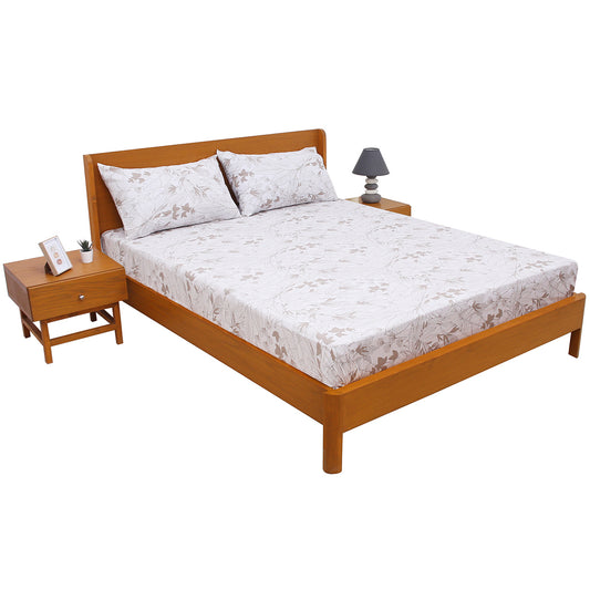 Linear Mocha Double Bed Sheet (96x102) with 2 Pillow Covers – 100% Cotton Subtle Leaf Print in Beige & Mocha