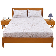 Linear Mocha Double Bed Sheet (96x102) with 2 Pillow Covers – 100% Cotton Subtle Leaf Print in Beige & Mocha
