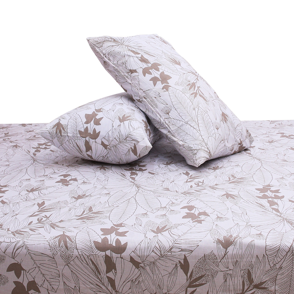 Linear Mocha Double Bed Sheet (96x102) with 2 Pillow Covers – 100% Cotton Subtle Leaf Print in Beige & Mocha