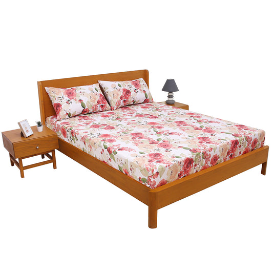 Multi Patterns Double Bed Sheet (96x102) with 2 Pillow Covers – 100% Cotton Percale Floral Print in Red & Beige