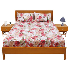 Multi Patterns Double Bed Sheet (96x102) with 2 Pillow Covers – 100% Cotton Percale Floral Print in Red & Beige