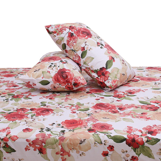 Multi Patterns Double Bed Sheet (96x102) with 2 Pillow Covers – 100% Cotton Percale Floral Print in Red & Beige