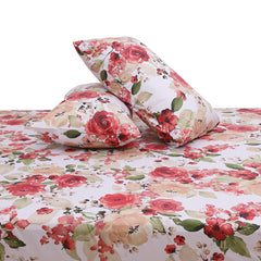 Multi Patterns Double Bed Sheet (96x102) with 2 Pillow Covers – 100% Cotton Percale Floral Print in Red & Beige