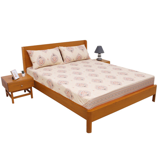 Paisley Motifs Double Bed Sheet (96x102) with 2 Pillow Covers – 100% Cotton Percale in Beige & Terracotta Print