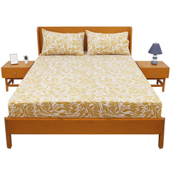 Yellow Texture Double Bed Sheet (96x102) with 2 Pillow Covers – 100% Cotton Percale Abstract Leaf Print