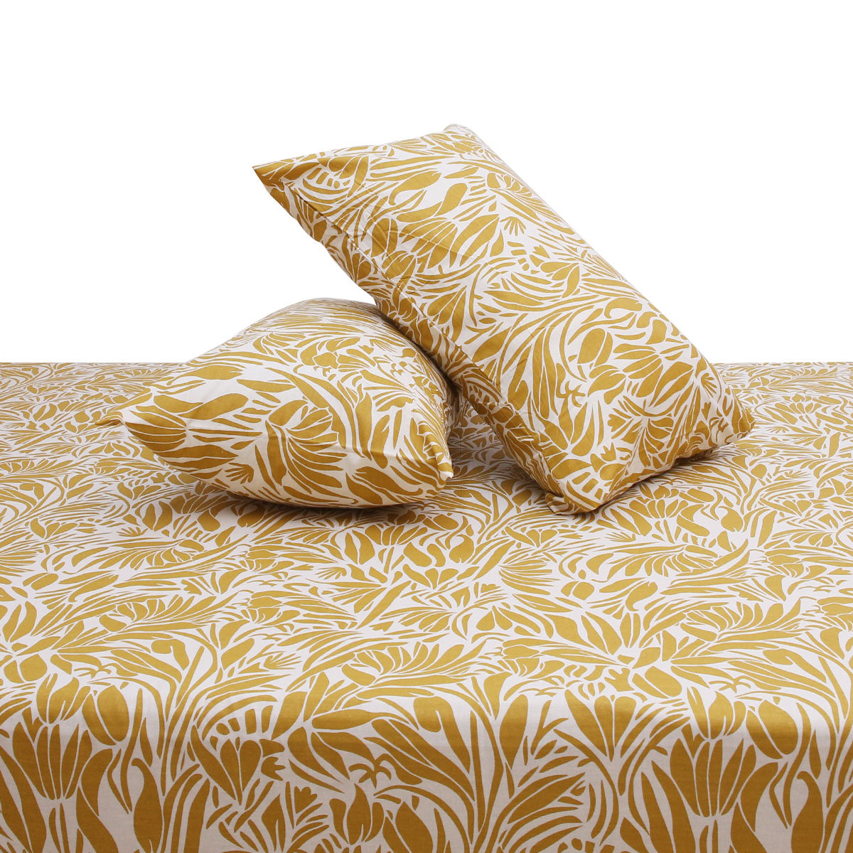 Yellow Texture Double Bed Sheet (96x102) with 2 Pillow Covers – 100% Cotton Percale Abstract Leaf Print