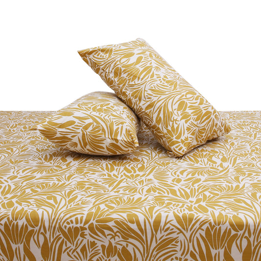 Yellow Texture Double Bed Sheet (96x102) with 2 Pillow Covers – 100% Cotton Percale Abstract Leaf Print