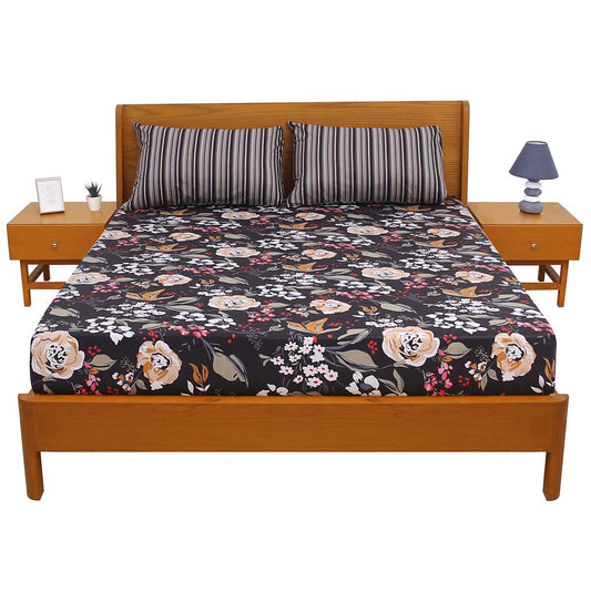 Black Floral Double Bed Sheet 92x98” - Habitt