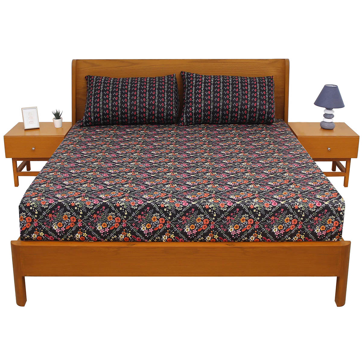 Black Floral Double Bed Sheet 92x98” - Habitt