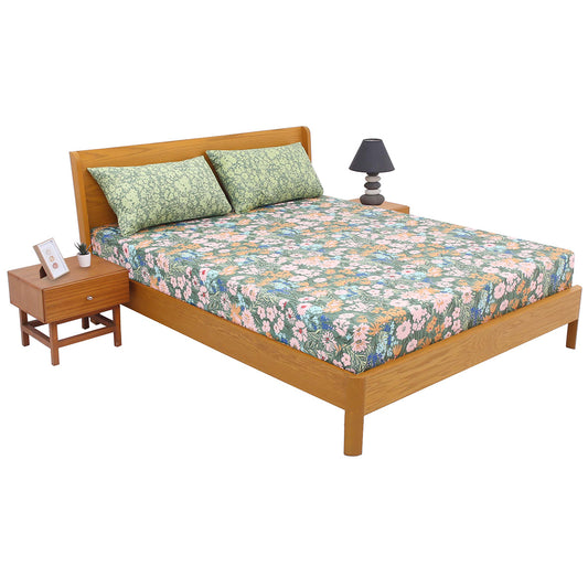 Green multi flora Double Bed Sheet 92x98" - Habitt