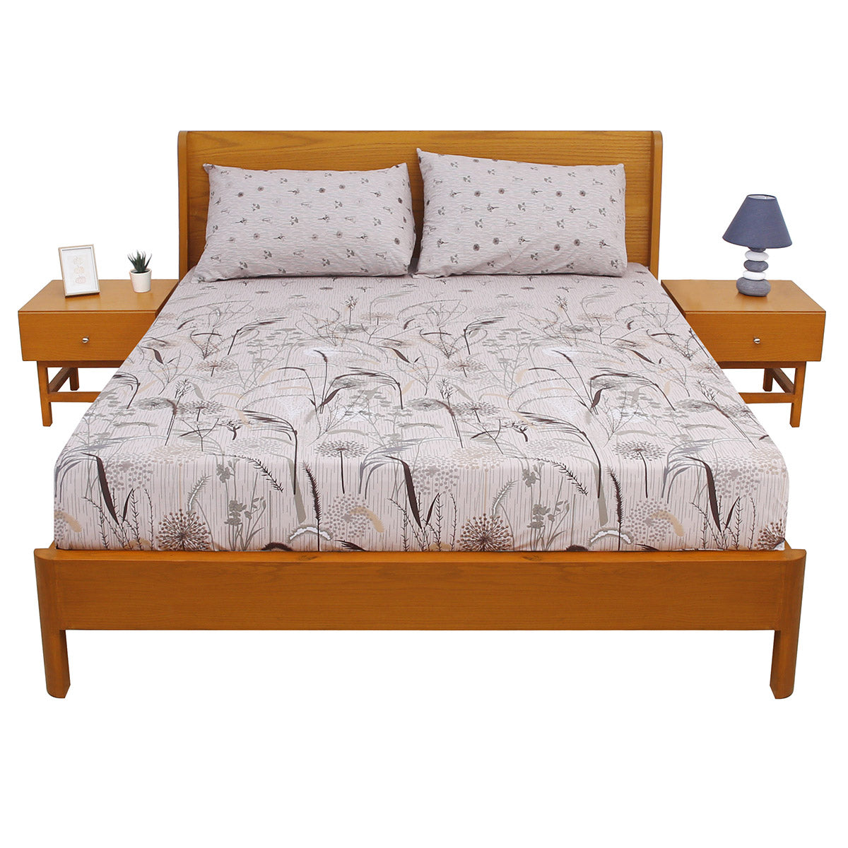 Beige Black Flowers Double Bed Sheet 92x98" - Habitt