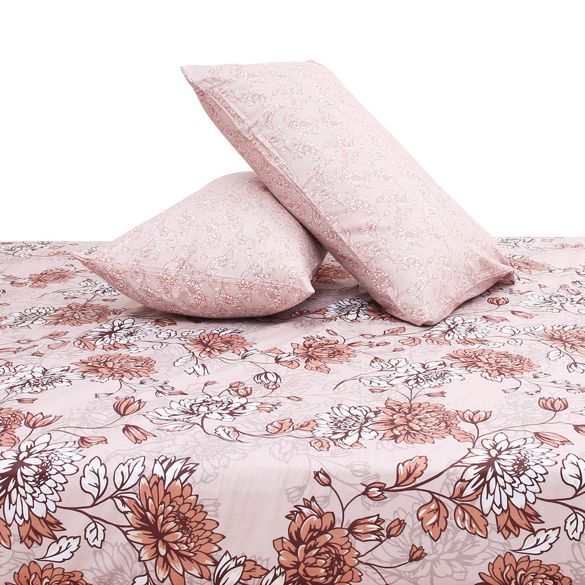 Beige Floral Double Bedding Set – 6 Piece Soft Cotton Elegant Printed Bed Linen Collection - Habitt