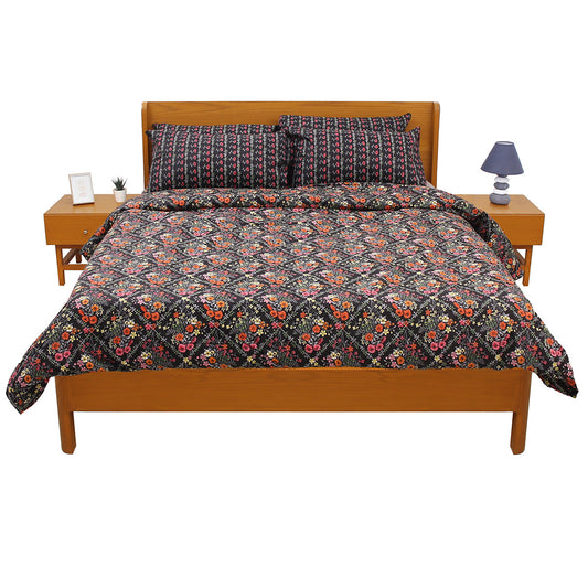 Black Floral Double Bedding Set – 6 Piece Elegant Printed Bed Linen | Modern Botanical Design SB Collection - Habitt