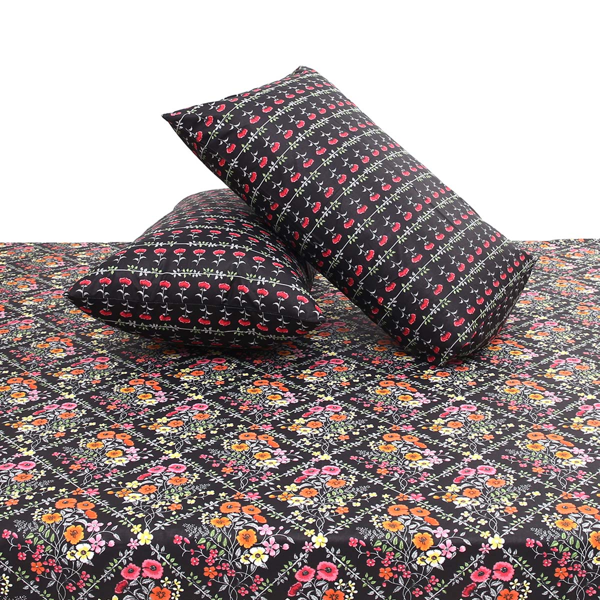 Black Floral Double Bedding Set – 6 Piece Elegant Printed Bed Linen | Modern Botanical Design SB Collection - Habitt