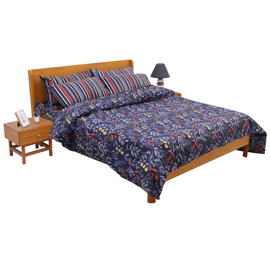 Blue Leaf Double Bedding Set – 6 Piece Modern Floral & Striped Bed Linen | Elegant Botanical Design - Habitt
