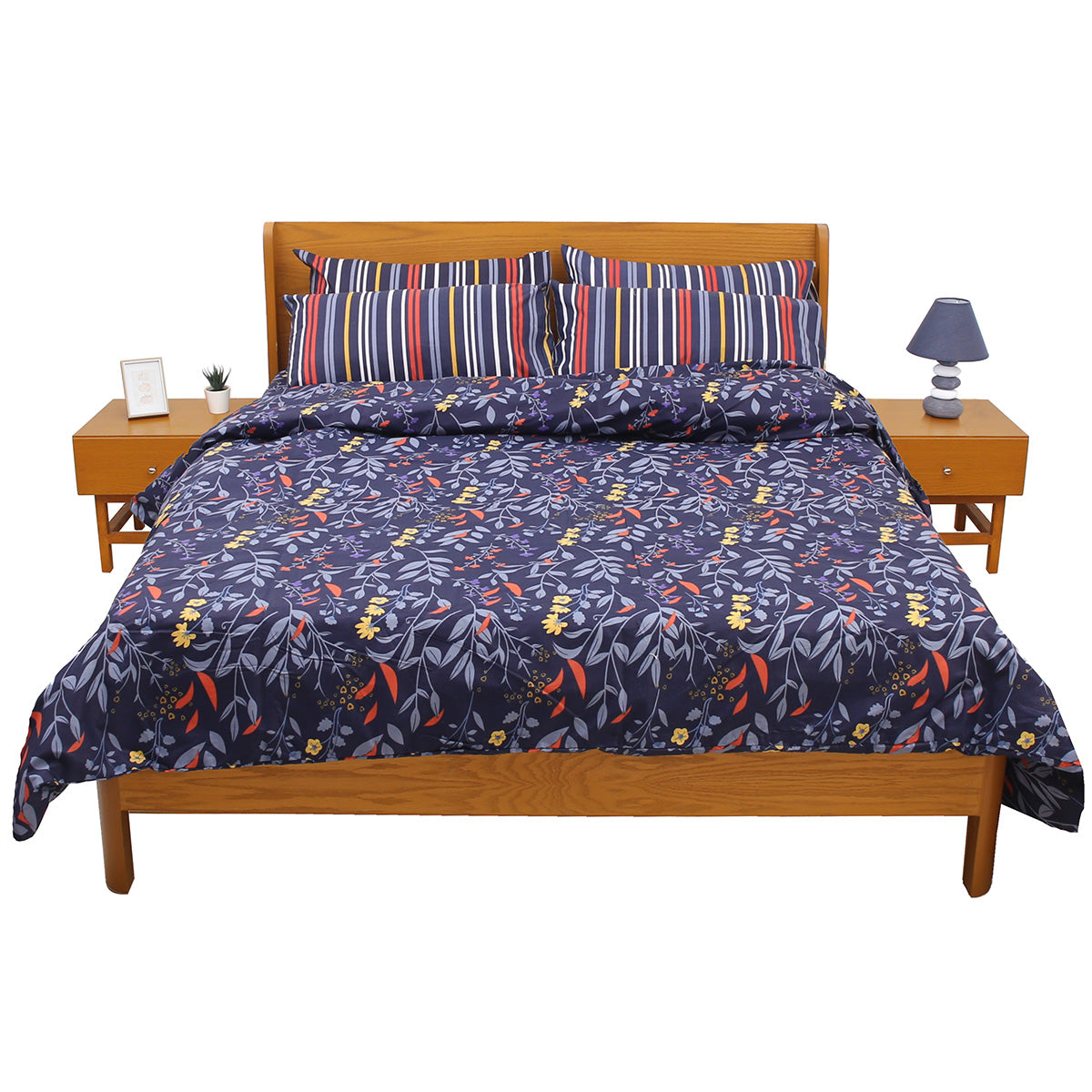 Blue Leaf Double Bedding Set – 6 Piece Modern Floral & Striped Bed Linen | Elegant Botanical Design - Habitt