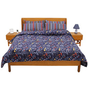 Blue Leaf Double Bedding Set – 6 Piece Modern Floral & Striped Bed Linen | Elegant Botanical Design - Habitt