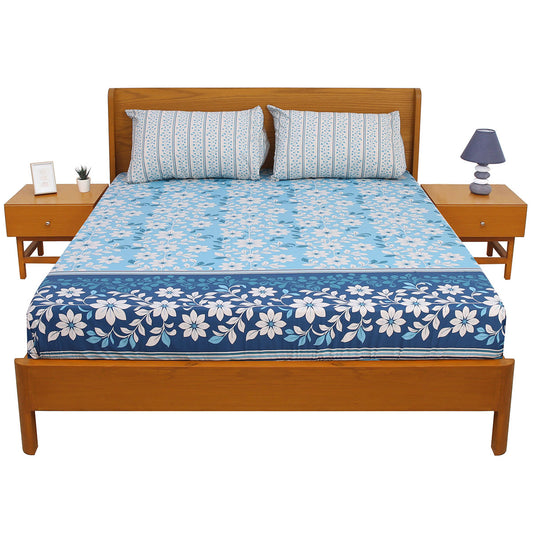 Blue Floral Double Bed Sheet with Pillow Covers Printed Bedsheet 92x98 Inch - Habitt