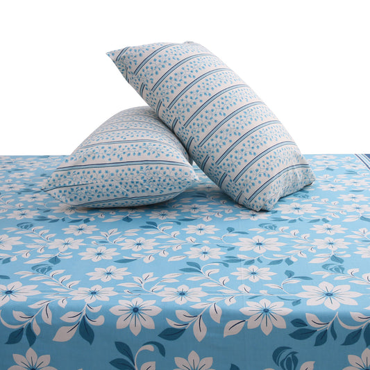 Blue Floral Double Bed Sheet with Pillow Covers Printed Bedsheet 92x98 Inch - Habitt