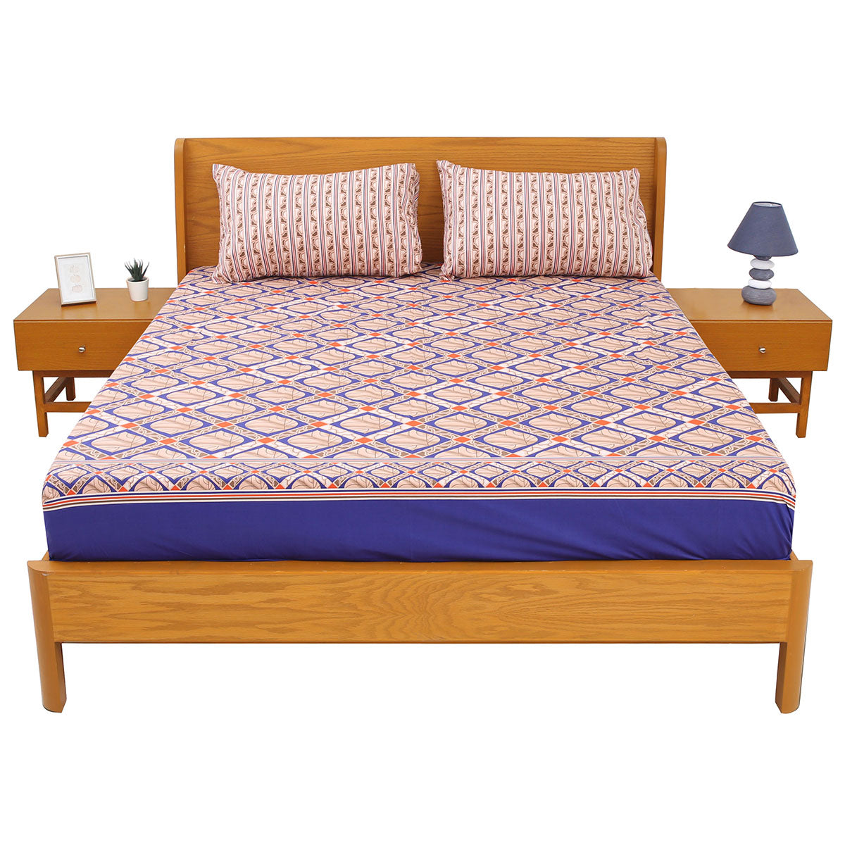 Geometric Box Print Double Bed Sheet with Pillow Covers Printed Bedsheet 92x98 Inch - Habitt