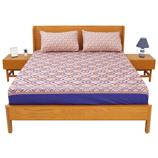 Geometric Box Print Double Bed Sheet with Pillow Covers Printed Bedsheet 92x98 Inch - Habitt