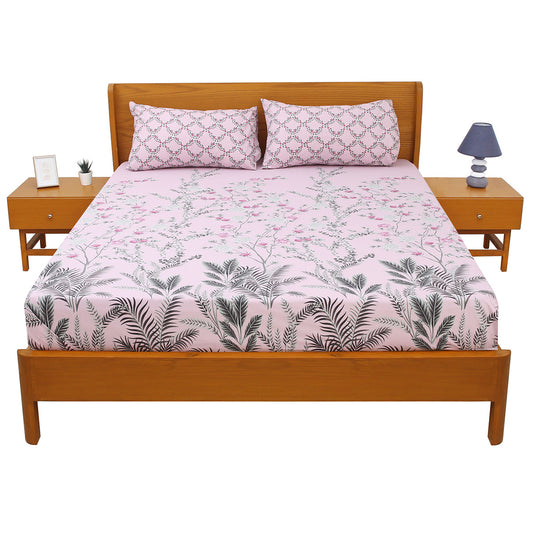 Lavender Pink Floral Double Bed Sheet with Pillow Covers Printed Bedsheet 92x98 Inch - Habitt