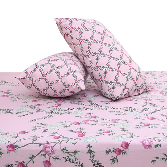 Lavender Pink Floral Double Bed Sheet with Pillow Covers Printed Bedsheet 92x98 Inch - Habitt