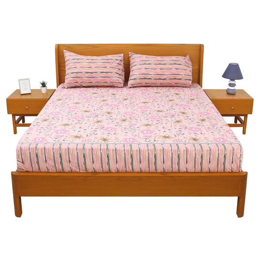 Pink Floral Double Bed Sheet with Pillow Covers Printed Bedsheet 92x98 Inch - Habitt
