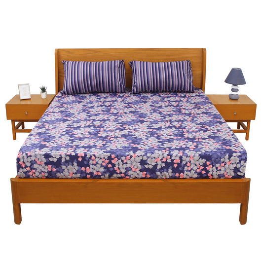 Purple Floral Double Bed Sheet with Pillow Covers Printed Bedsheet 92x98 Inch - Habitt
