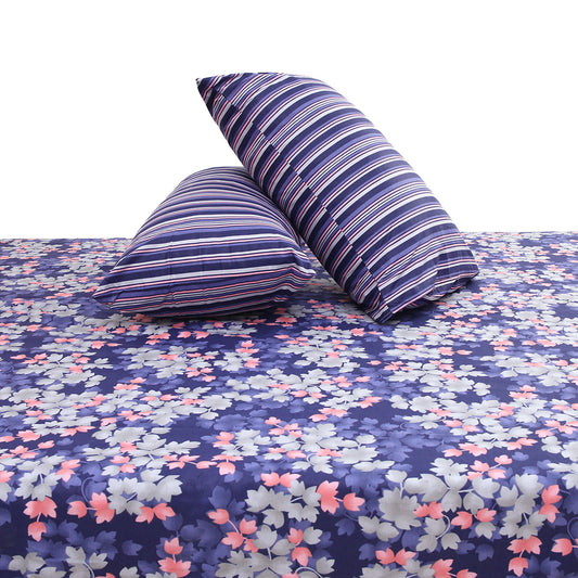 Purple Floral Double Bed Sheet with Pillow Covers Printed Bedsheet 92x98 Inch - Habitt