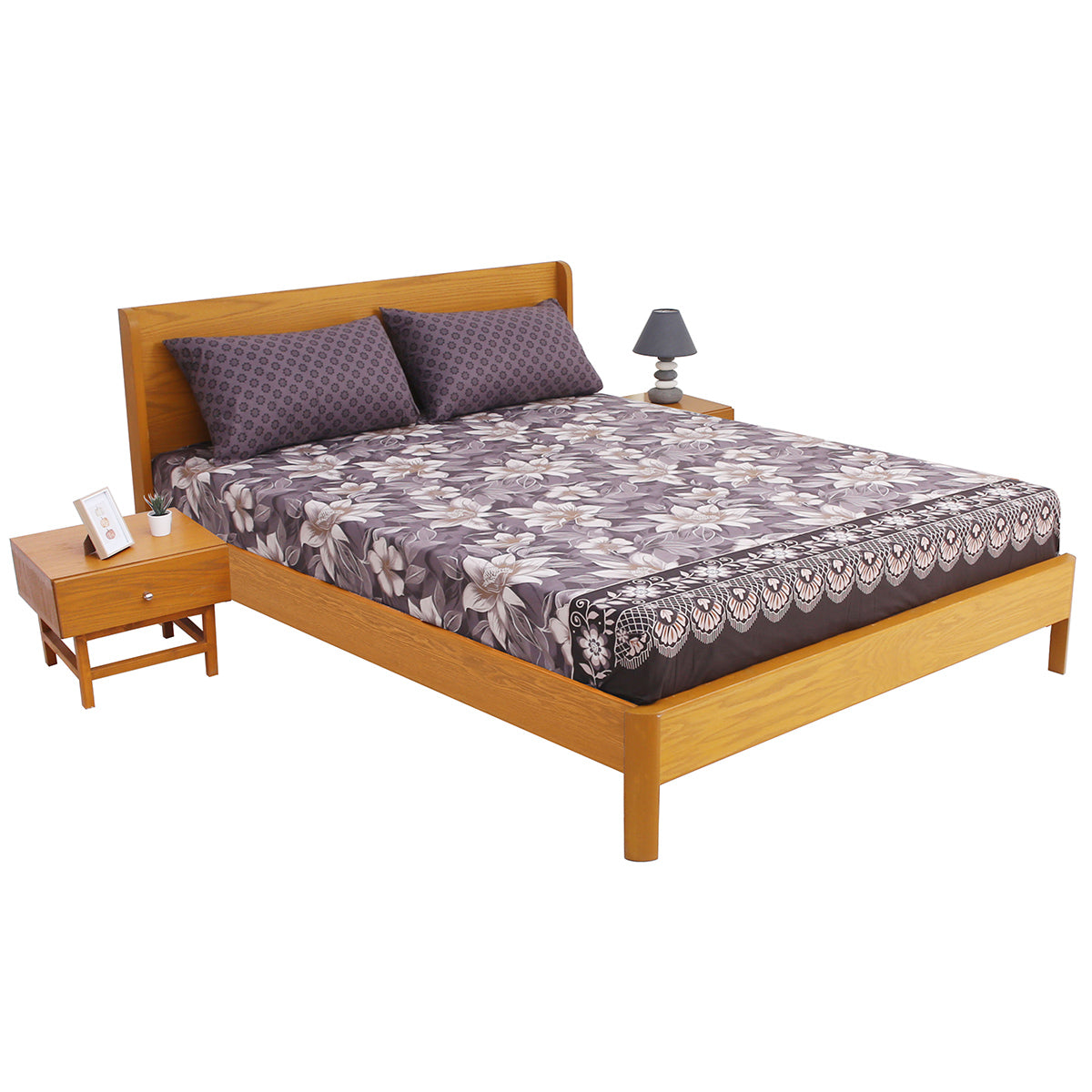 Purple Tulip Floral Double Bed Sheet with Pillow Covers Printed Bedsheet 92x98 Inch - Habitt