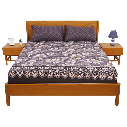 Purple Tulip Floral Double Bed Sheet with Pillow Covers Printed Bedsheet 92x98 Inch - Habitt