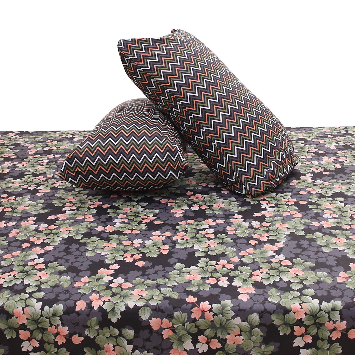 Black Floral Double Bed Sheet 92x98" – Elegant Printed King Size Bedsheet with Matching Pillow Covers - Habitt