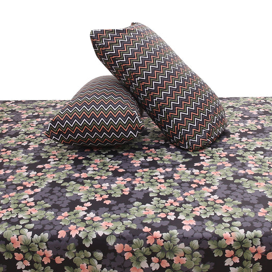 Black Floral Double Bed Sheet 92x98" – Elegant Printed King Size Bedsheet with Matching Pillow Covers - Habitt