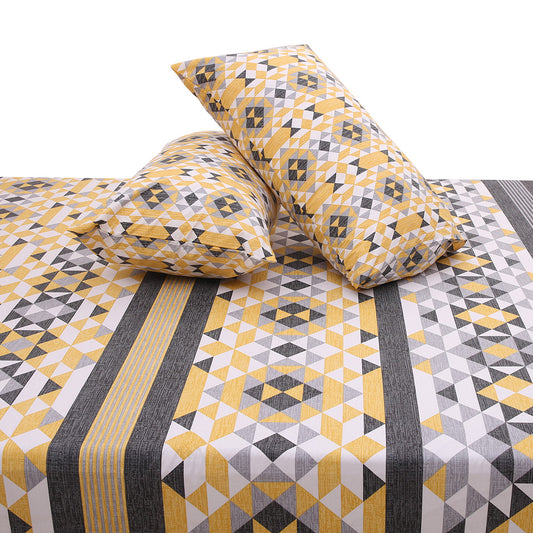 Geometric Printed Double Bed Sheet 92x98" – Modern Yellow  Grey King Size Bedsheet with Pillow Covers - Habitt