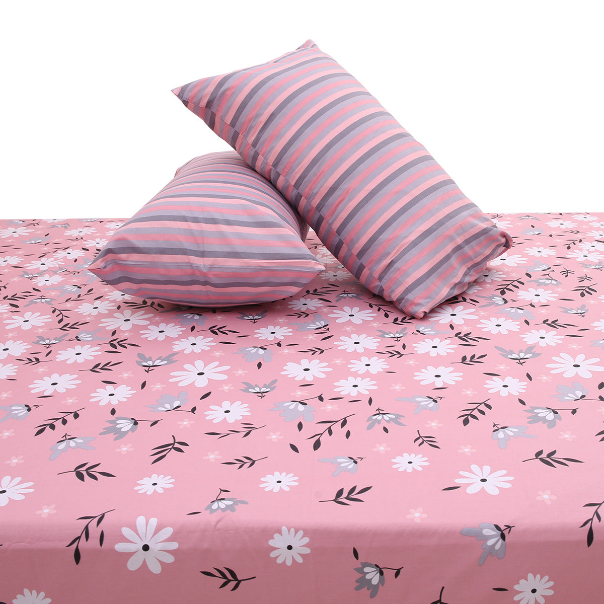 Pink Floral Double Bed Sheet 92x98" – Soft Daisy Print King Size Bedsheet with Striped Pillow Covers - Habitt