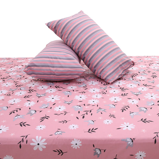Pink Floral Double Bed Sheet 92x98" – Soft Daisy Print King Size Bedsheet with Striped Pillow Covers - Habitt