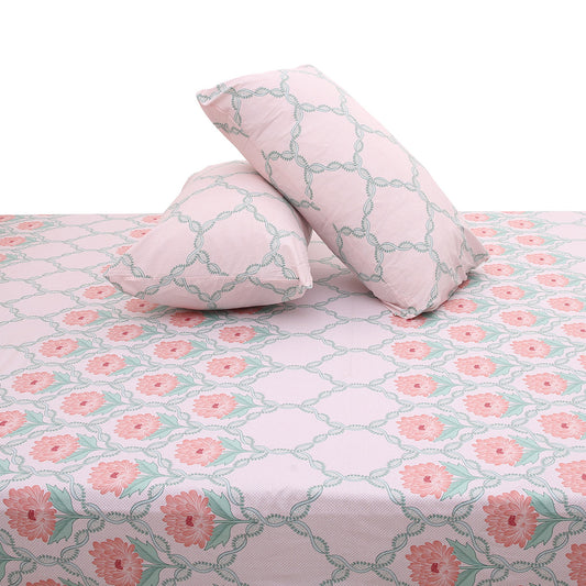 Pink Floral Double Bed Sheet 92x98" – Elegant Pastel Printed King Size Bedsheet with Pillow Covers - Habitt